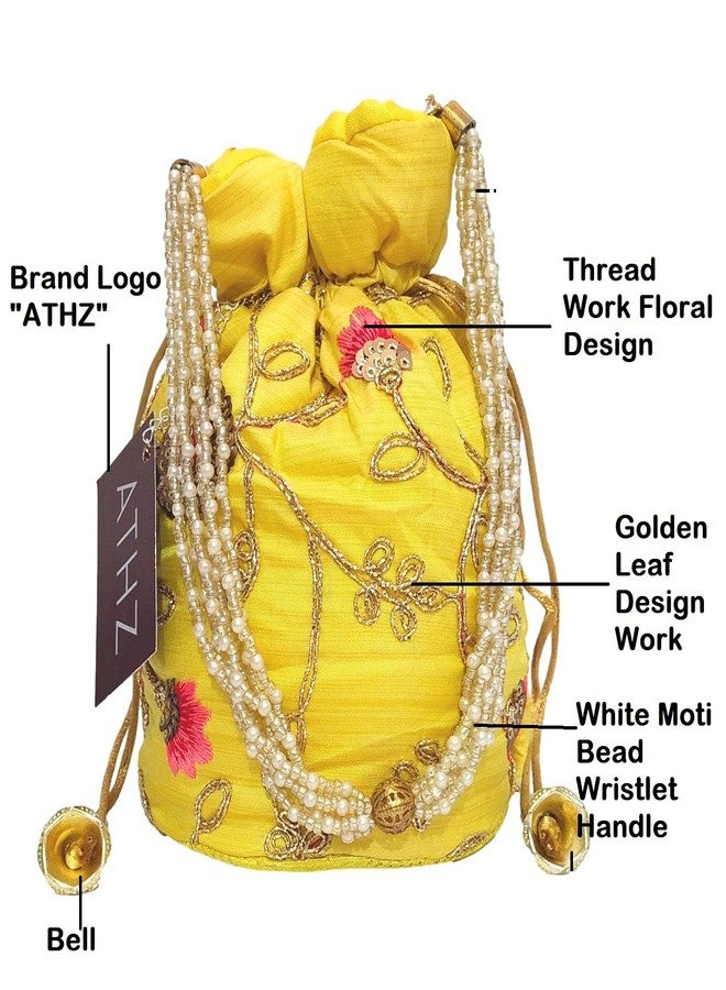 ATHZ Potli bags Yellow Damru Potli Handbags for Women Golden Sippy Work Gifting Wristlets For Wedding | Festival | Kitty For Women - Image 2